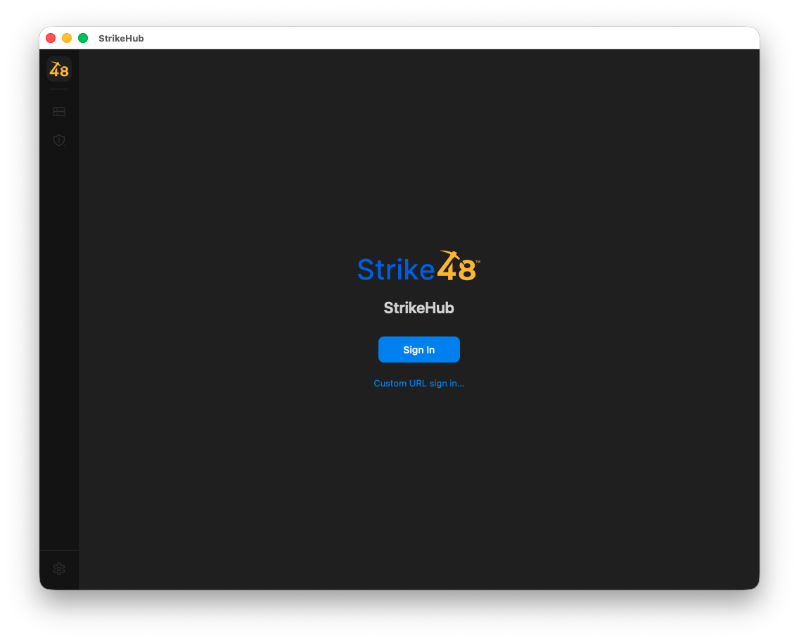 StrikeHub sign-in screen showing the Custom URL sign in link