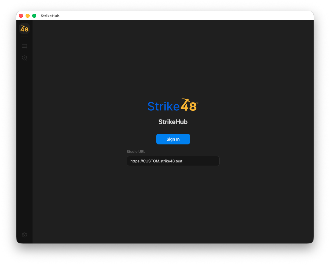 StrikeHub sign-in screen with Studio URL input field