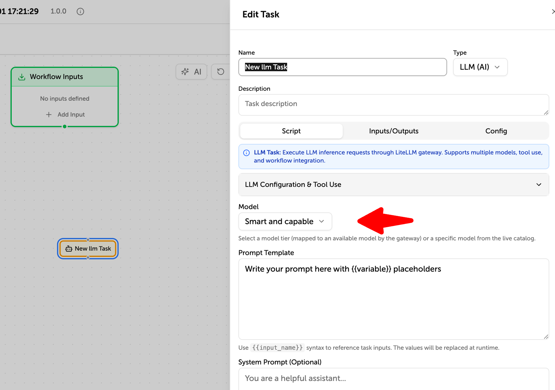 Switching the model on an LLM task node